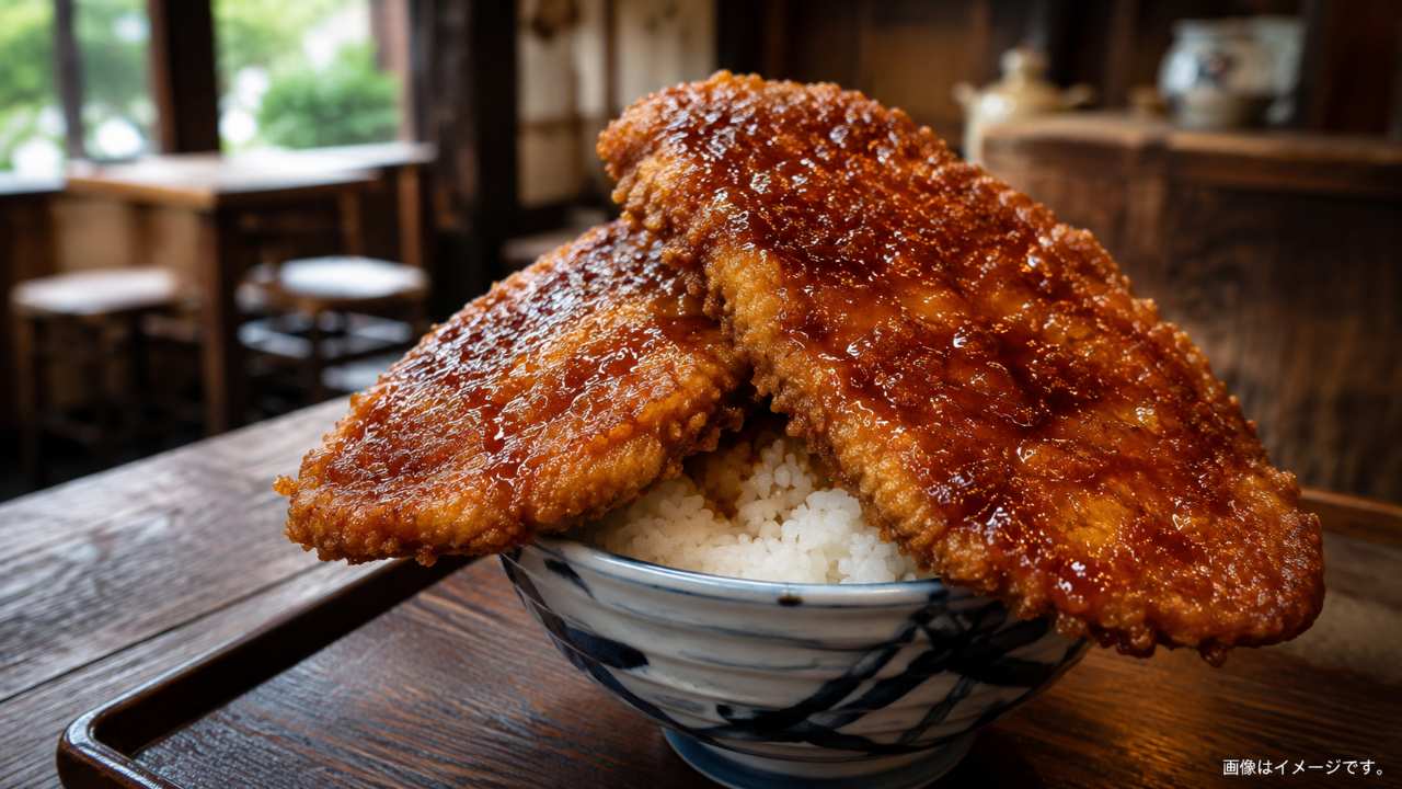 丼から大きな二枚のカツがはみ出す秩父名物のわらじカツ丼を中央に置いた実写風フード写真