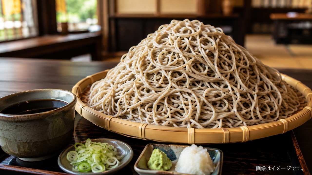 埼玉県の昔ながらの蕎麦店を舞台に、竹製の大きなせいろへ山のように高く盛られた冷たい蕎麦