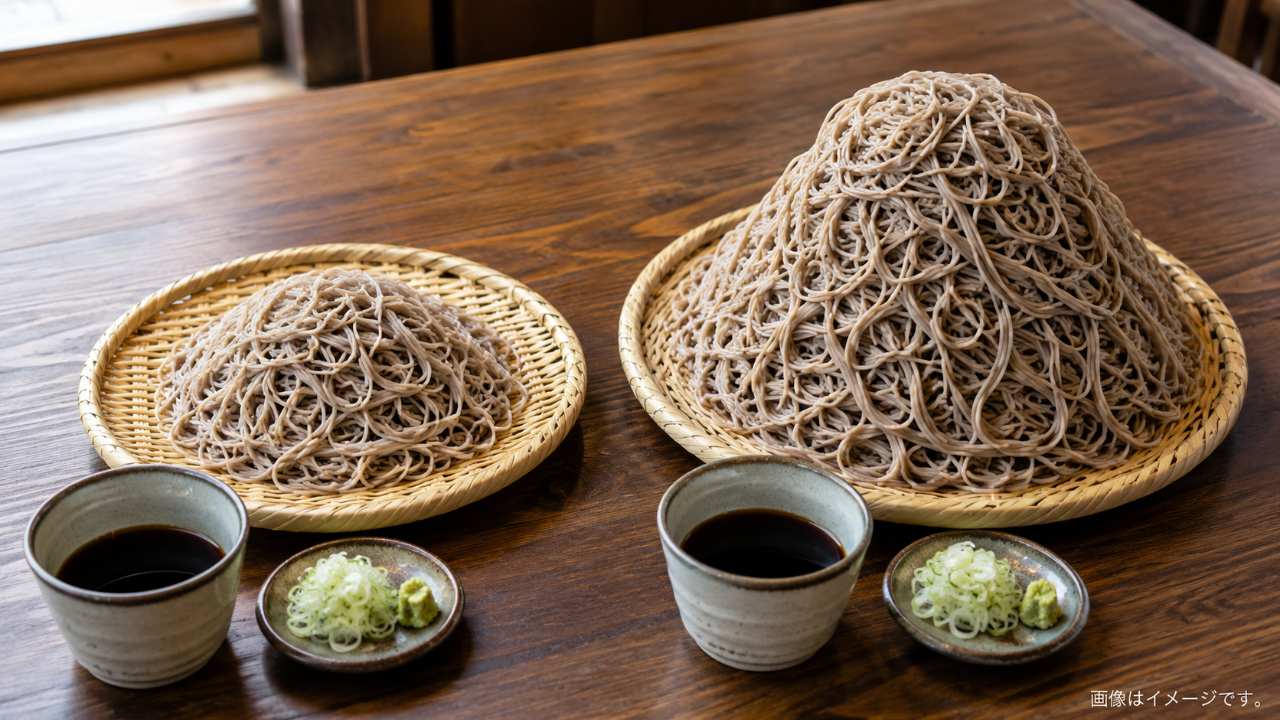 一般的な一人前のざる蕎麦と、同じ器に山のように盛られたデカ盛り蕎麦を左右に並べた比較写真