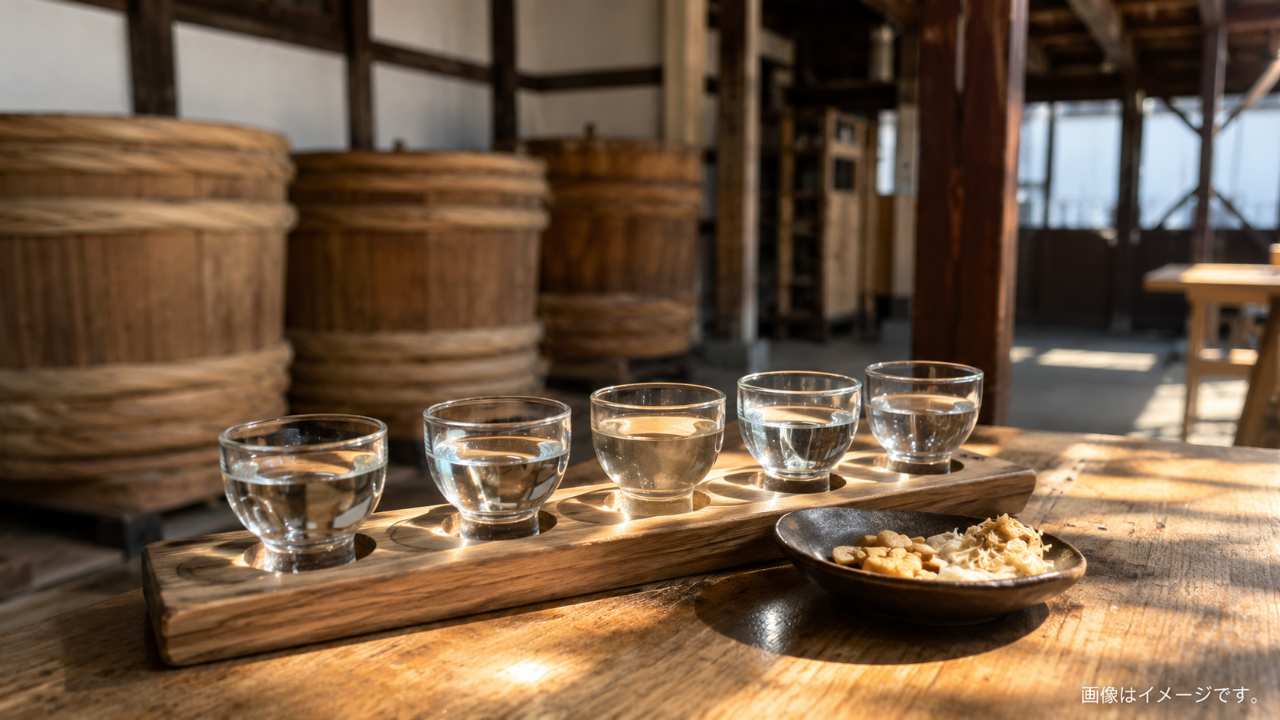 歴史ある白壁の酒蔵を思わせる落ち着いた室内で、複数の小さな日本酒グラスを一人分だけ並べた飲み比べの様子