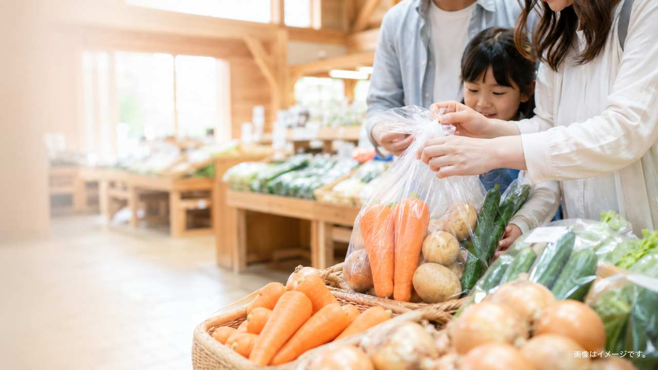 埼玉県の農産物直売所をイメージした明るく清潔な会場で、透明な袋へ新鮮なにんじん、じゃがいも、玉ねぎ、きゅうりを楽しそうに詰めている場面
