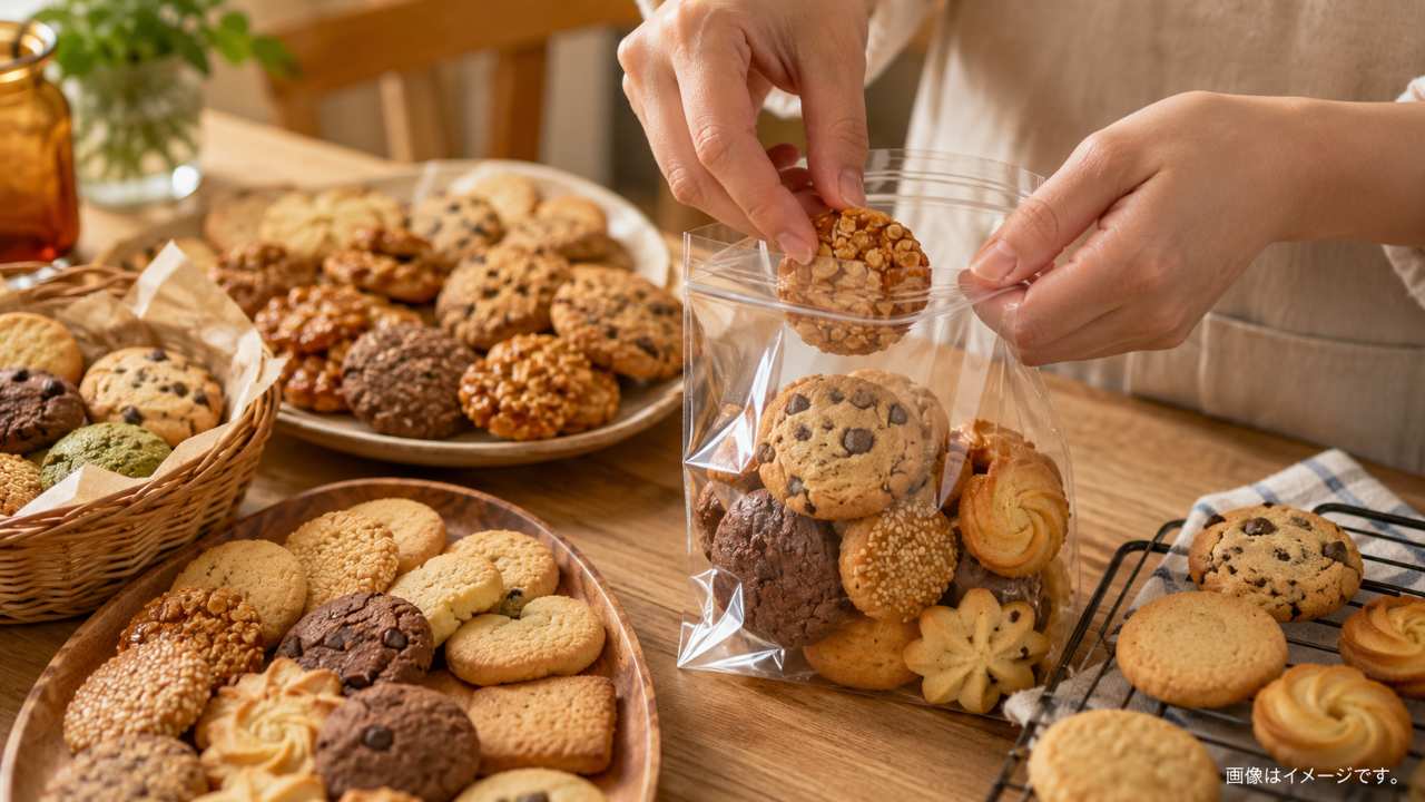 さまざまな形のホームメイド風クッキーを専用の透明袋へ丁寧に詰めている場面