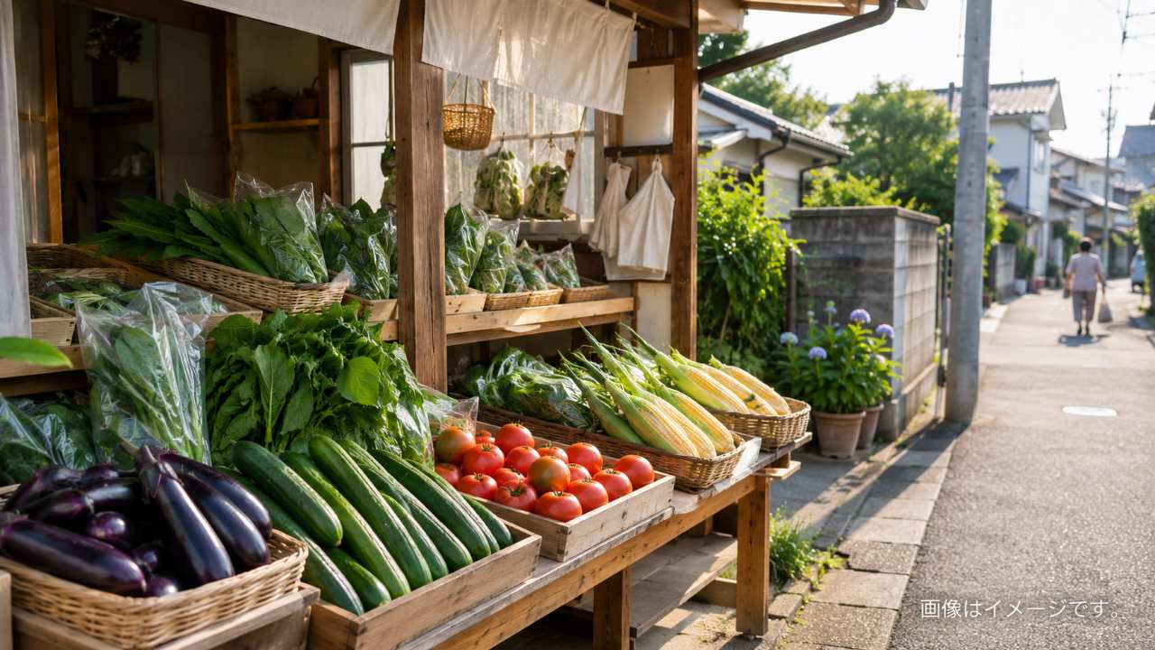 埼玉県川口市南鳩ヶ谷の落ち着いた住宅地にある、小さく親しみやすい野菜直売所
