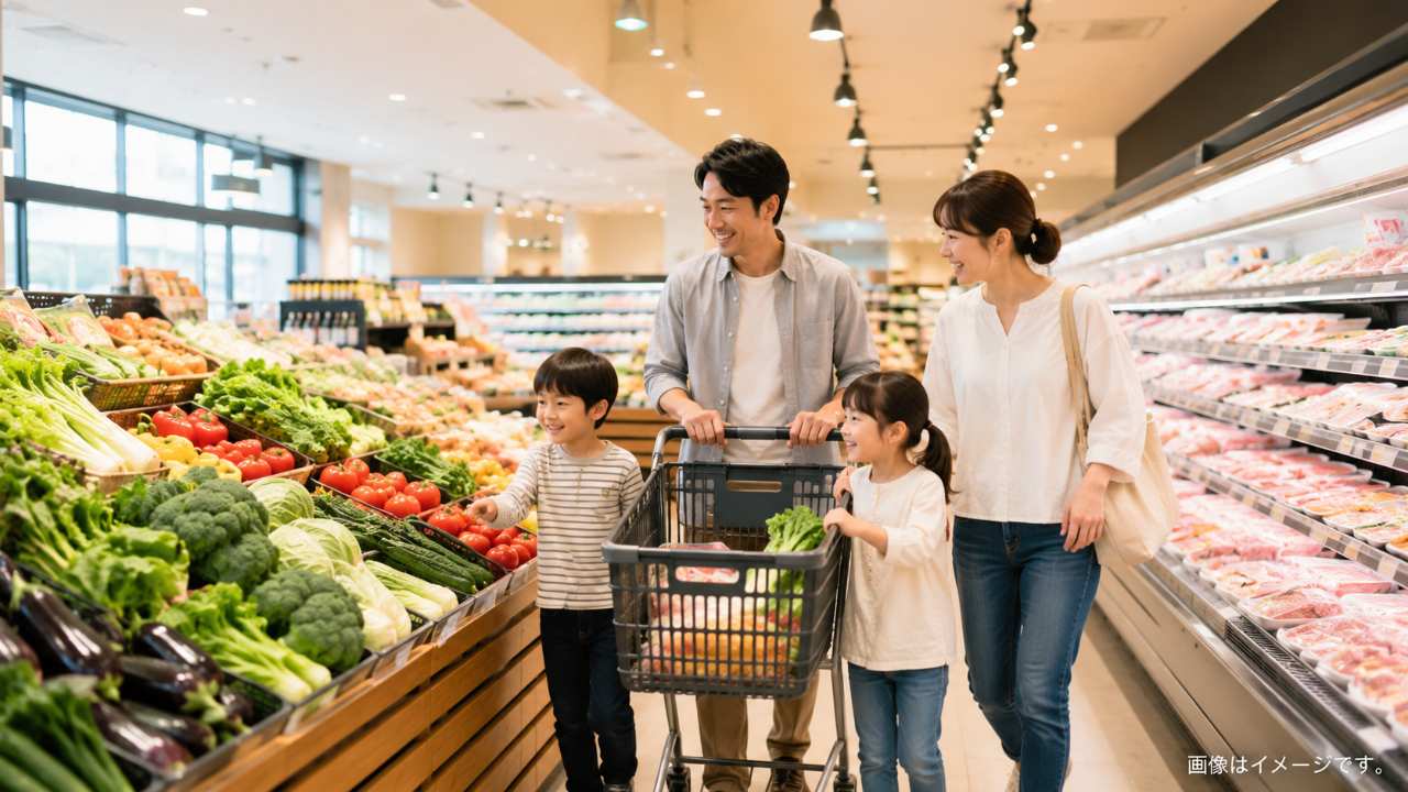 埼玉県の郊外にある清潔で活気のある大型スーパーマーケットの食品売場