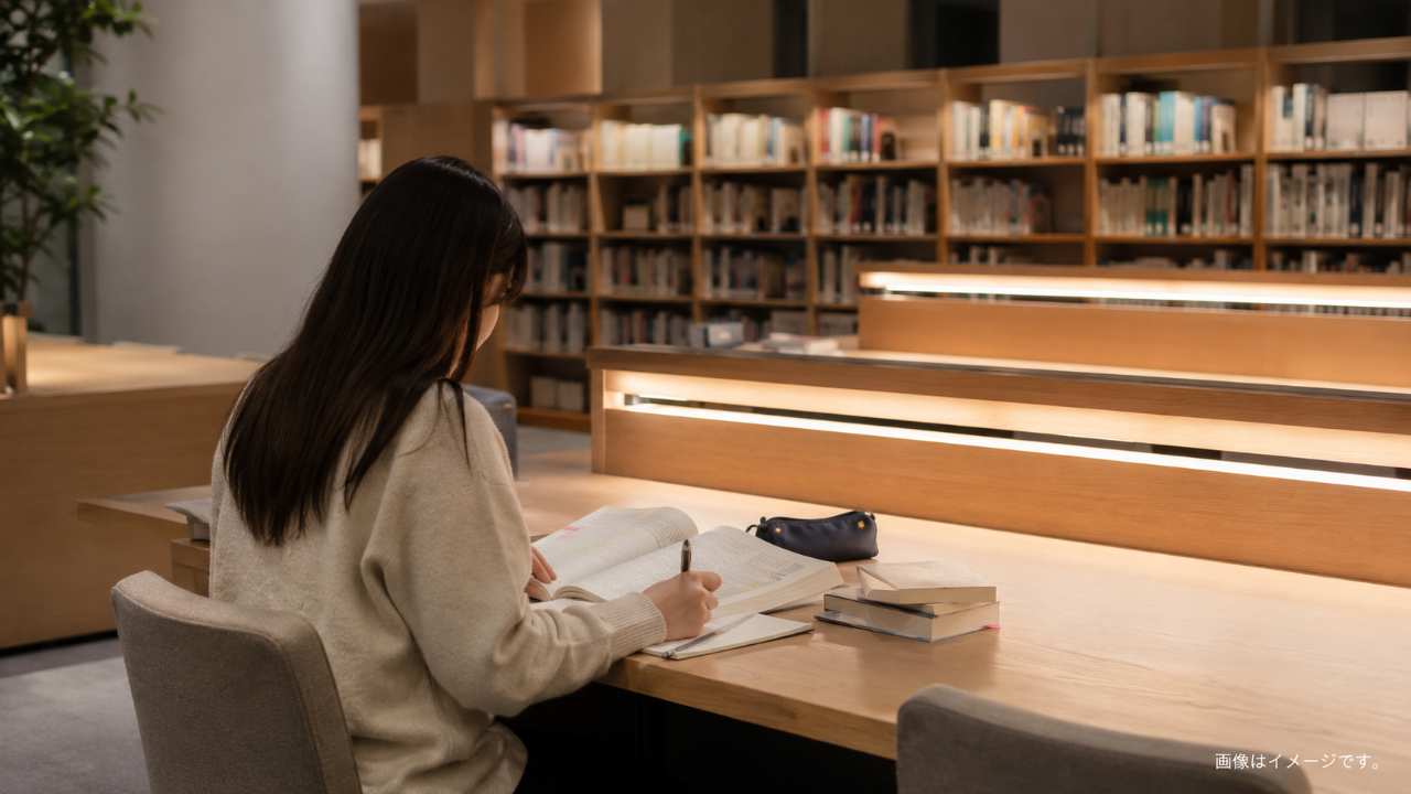 静かな公共図書館の自由閲覧席で、参考書とノートを広げて勉強している学生