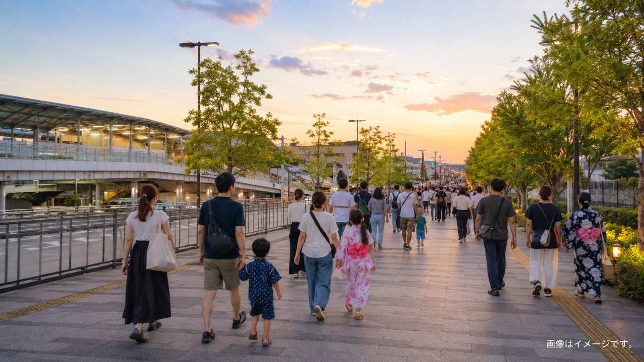 JR東浦和駅から花火大会会場へ向かう夕方の来場者を描いた実写写真風の風景