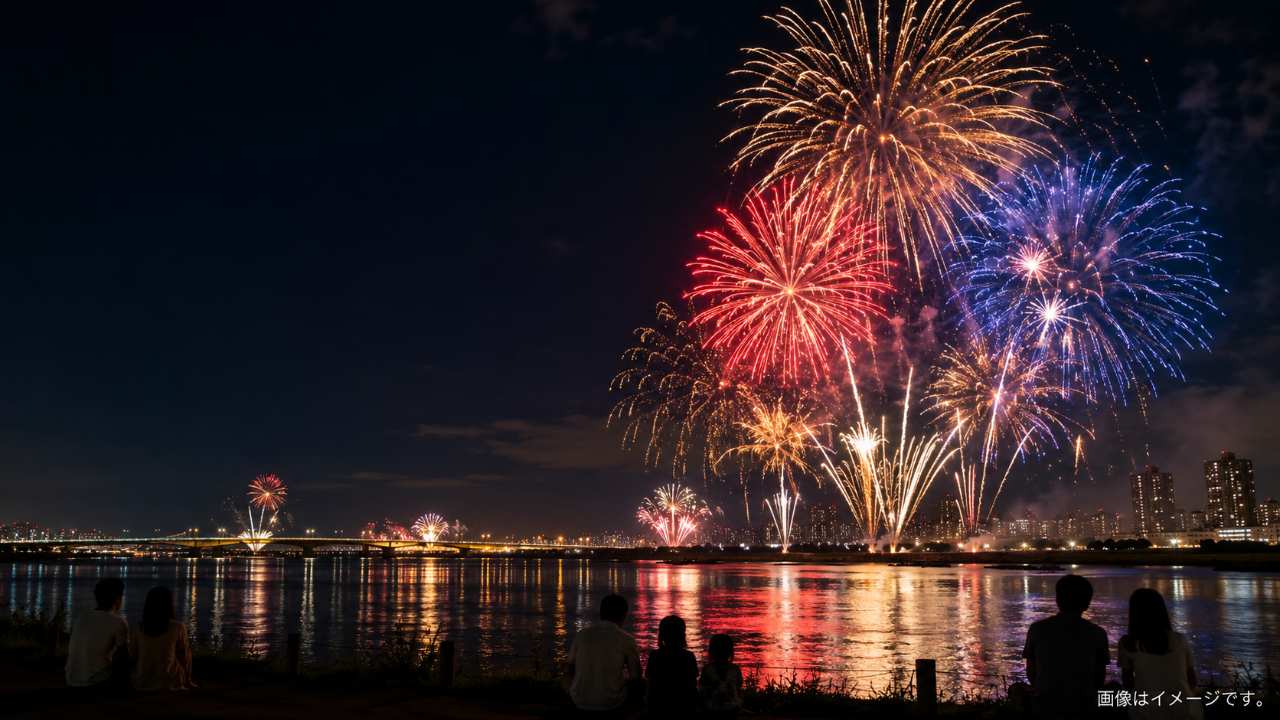夏の夜の荒川河川敷を舞台に、戸田橋花火大会と対岸の花火が夜空いっぱいに広がる実写写真