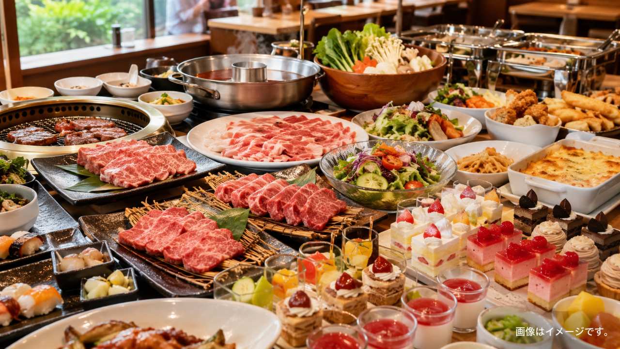 埼玉県の明るく清潔なレストランで、焼肉、しゃぶしゃぶ、ホテルビュッフェ風の洋食
