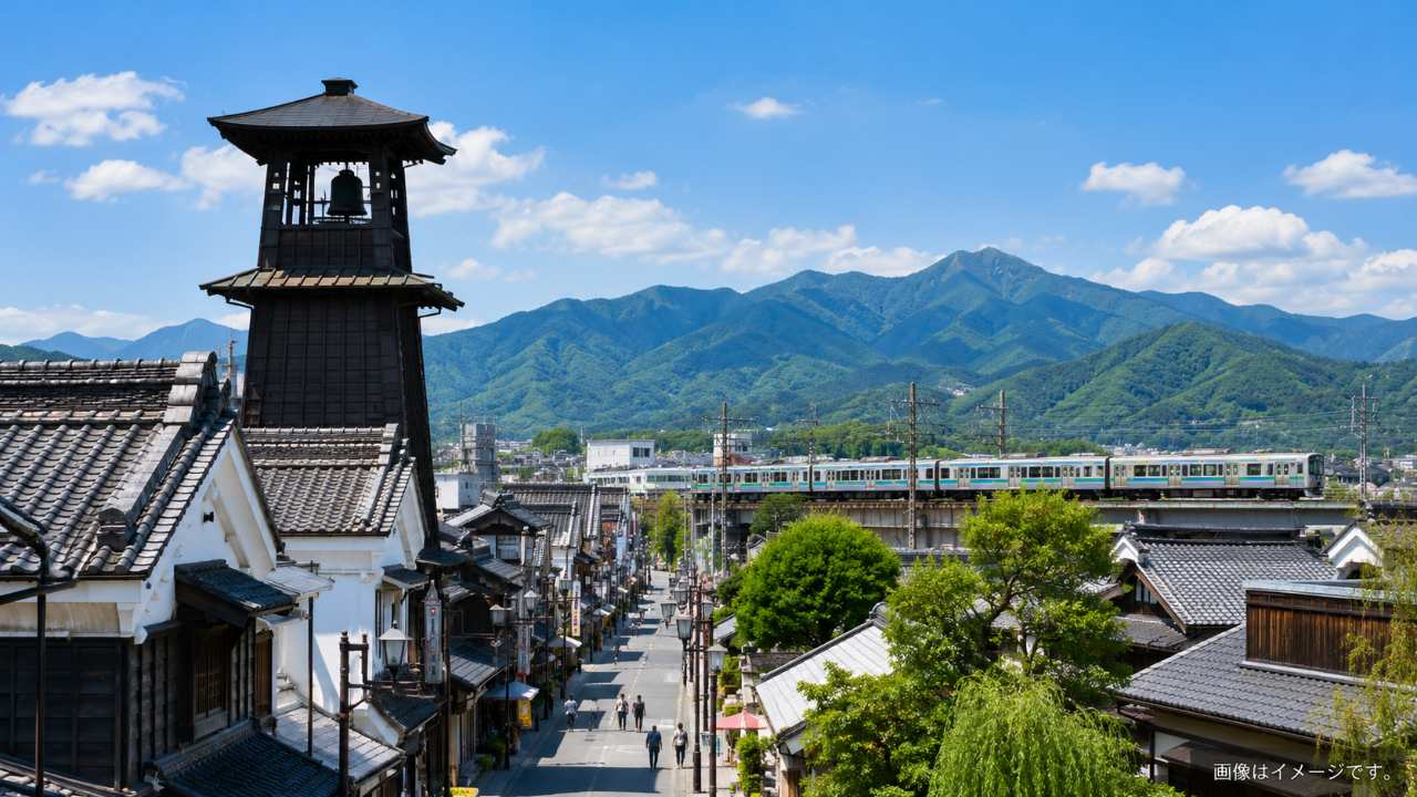 埼玉県の多彩な魅力を一枚で表現し、手前に小江戸川越の蔵造りの町並みと時の鐘、中景に走る鉄道、背景に秩父の緑豊かな山並みと青空を配置