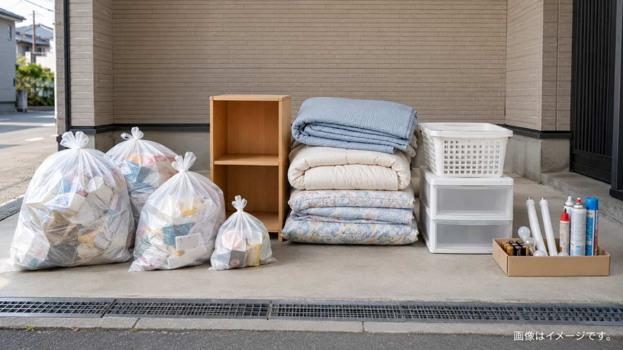 家庭ごみを一般ごみ、粗大ごみ、有害ごみに分け、透明袋や箱へ整理している場面