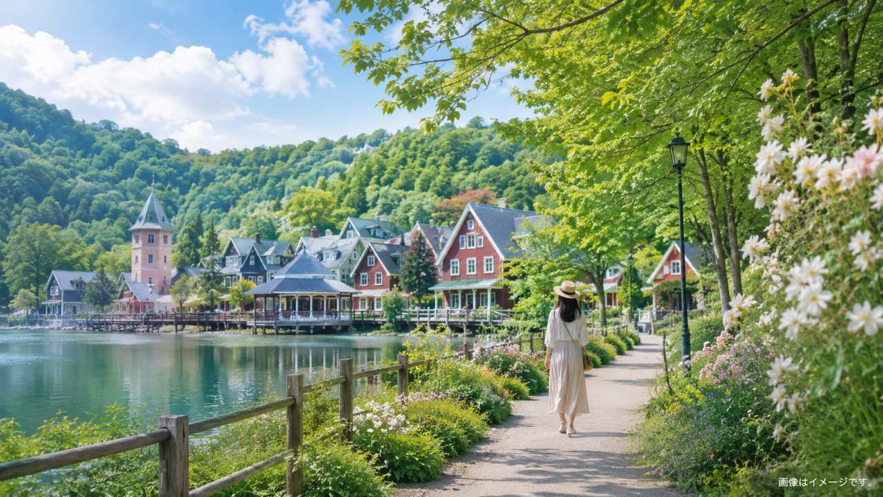 埼玉県飯能を思わせる湖畔と北欧風の建物、豊かな緑と花に囲まれた遊歩道、一人で自然を楽しむ日本人女性の後ろ姿