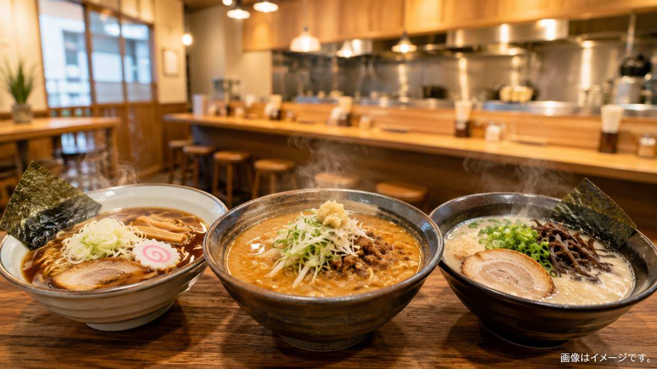 埼玉県で新しくオープンしたラーメン店をテーマにしたブログ用アイキャッチ。湯気が立つ醤油ラーメン、味噌ラーメン、濃厚豚骨ラーメン