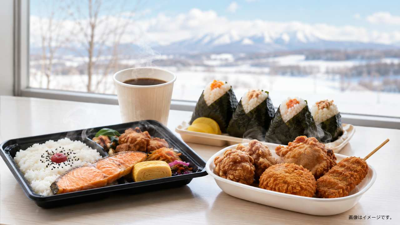 コンビニの清潔なテーブルに、温かい弁当、おにぎり、揚げ物、紙カップのコーヒーをおいしそうに並べた写真