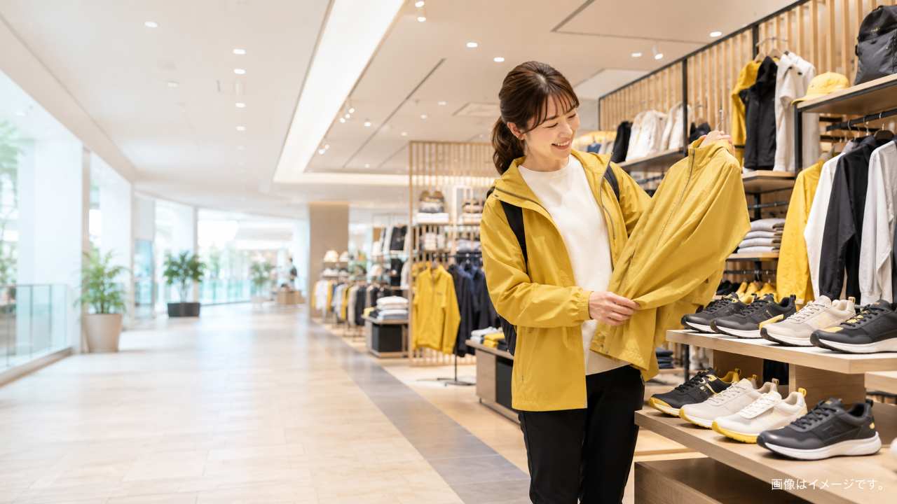 埼玉県内の明るく清潔な大型ショッピングモールにある機能性カジュアルウェア店を背景に、20代から40代の日本人女性が撥水ジャケットと歩きやすいシューズを楽しそうに選んでいる実写写真