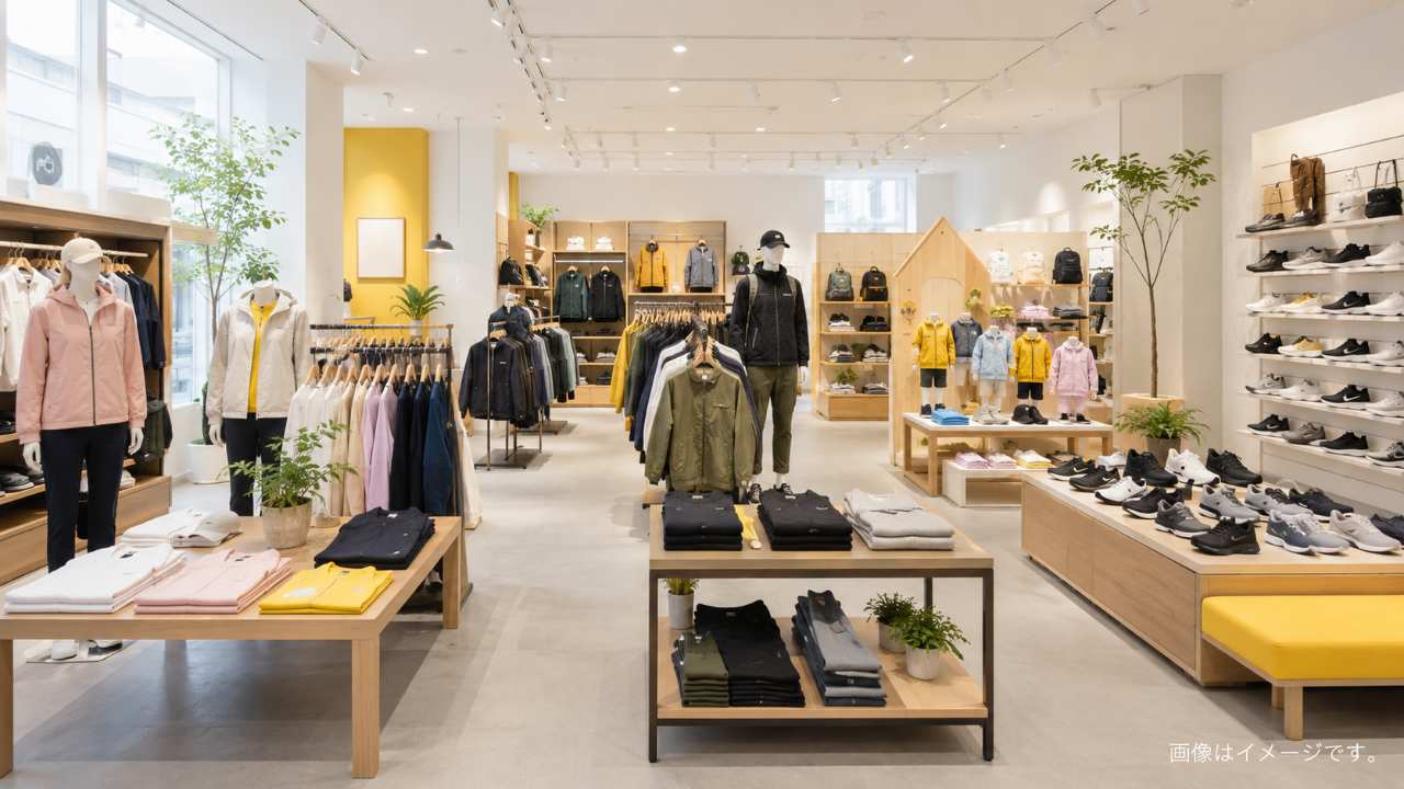 明るい機能性カジュアルウェア店内で、レディース、メンズ、キッズ、シューズの各売場が自然に見える