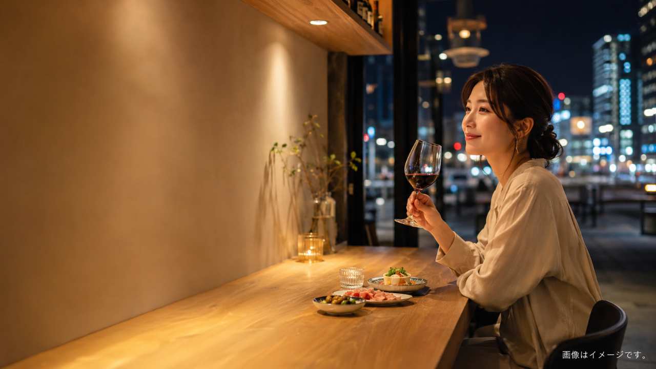 夜の大宮駅周辺を背景に、清潔感のある落ち着いたカウンターバーで、30代前後の日本人女性が一人でワイングラスと小皿料理を自然に楽しんでいる実写風写真