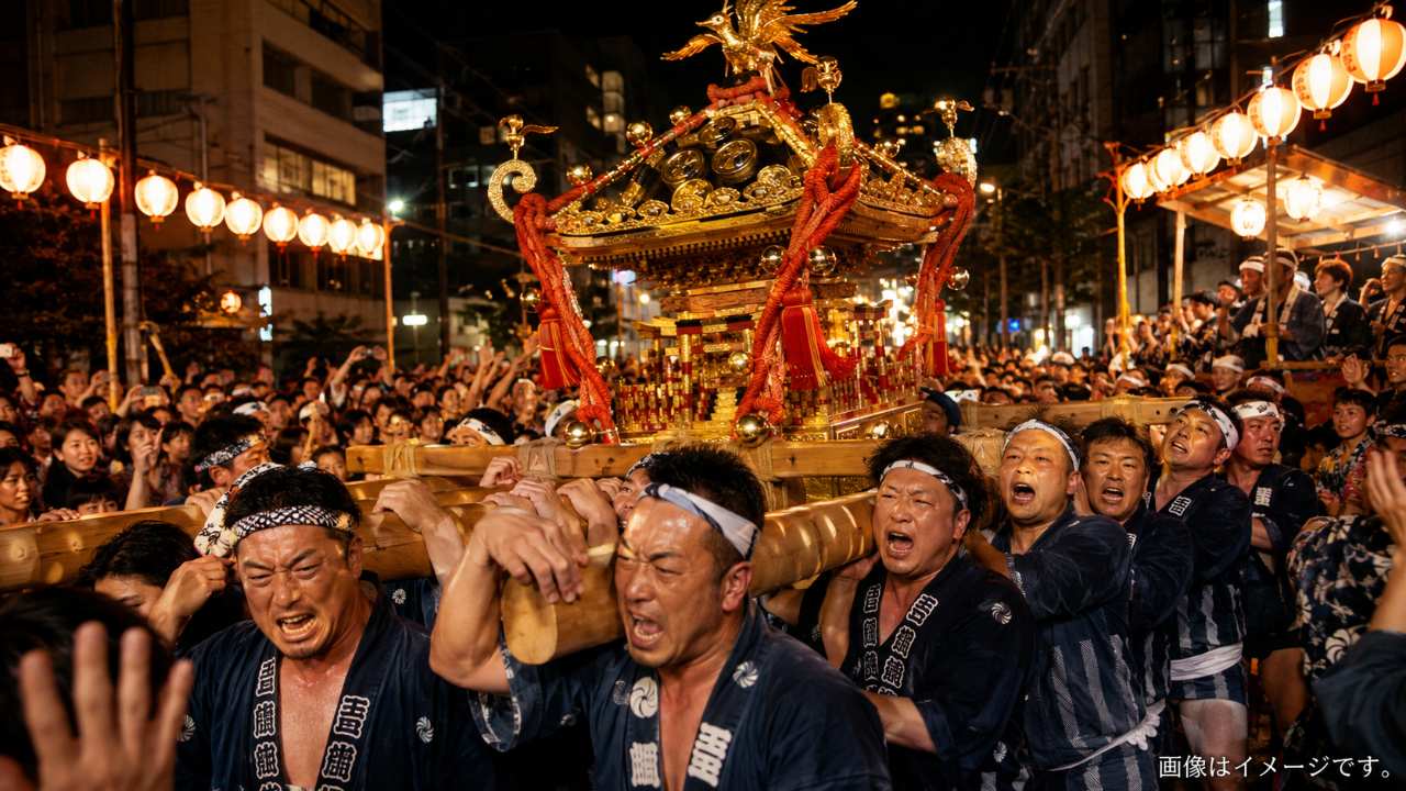 黄金色の華やかな御輿を大勢の担ぎ手が力強く担ぐ瞬間