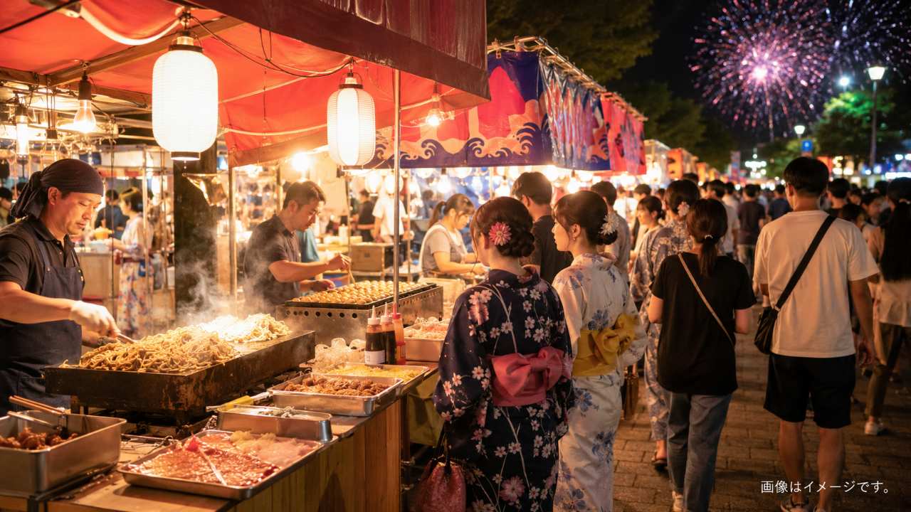 夏の花火大会会場に並ぶ屋台通り。焼きそば、たこ焼き、かき氷をイメージできる屋台と提灯