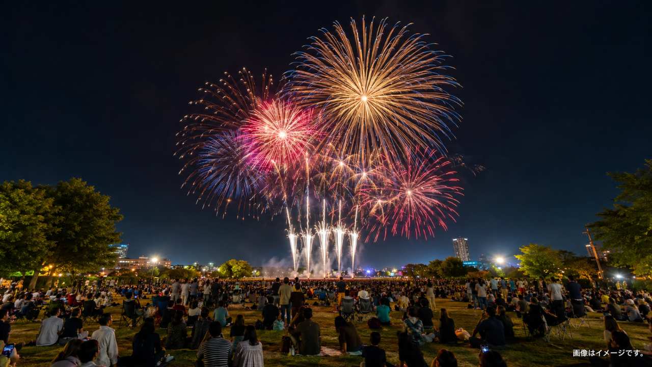 広々とした都市公園の夜空へ華やかな打ち上げ花火が開き、芝生の観覧エリアから多くの来場者が見上げている夏祭りの風景
