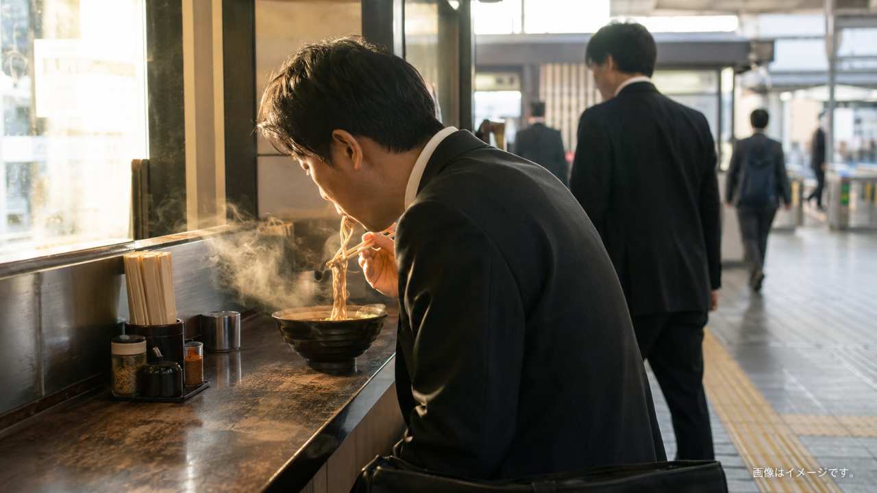時間帯や目的に合わせた店舗の選び方|朝食や乗り換え中に駅そばを利用する様子