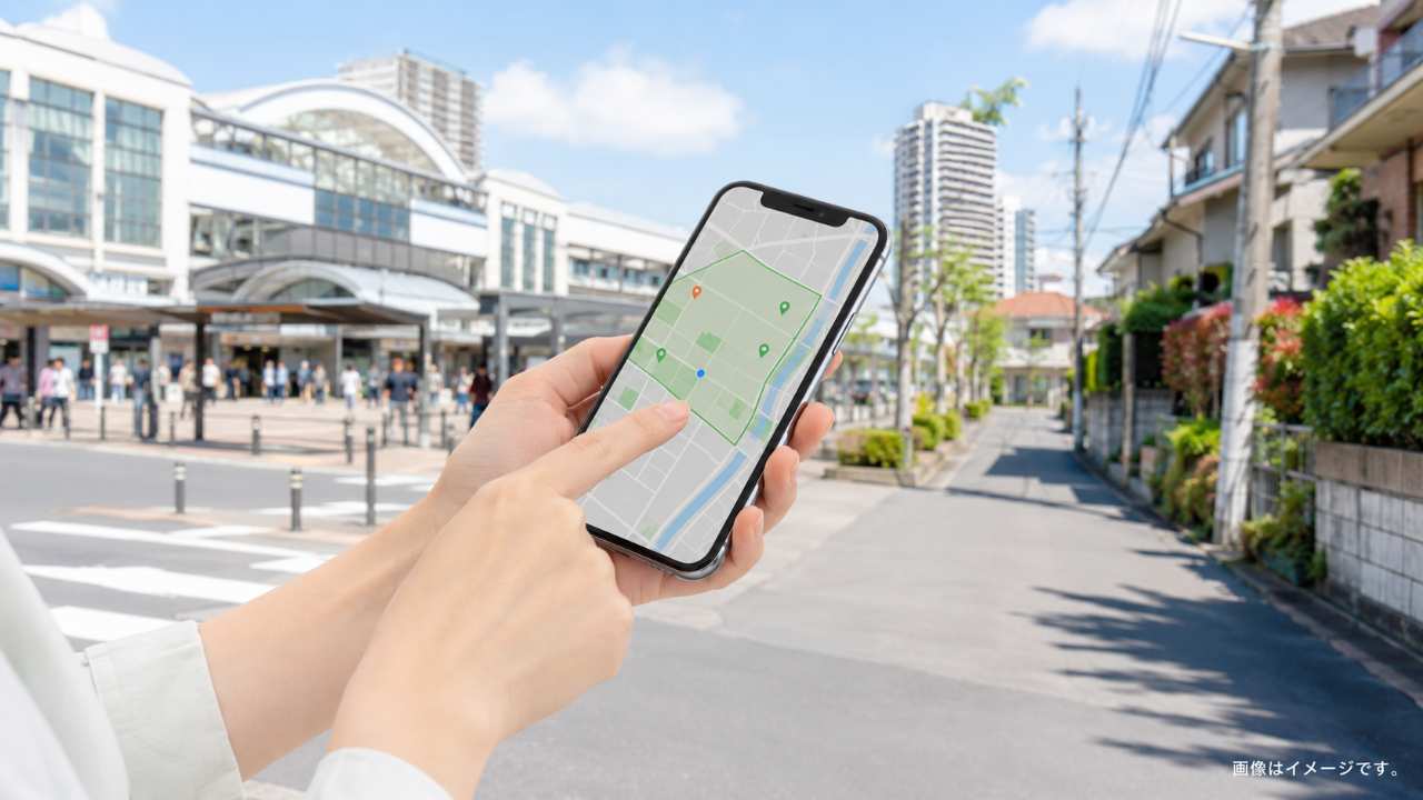 埼玉県の住宅街と駅前の街並みを背景に、スマートフォンでフードデリバリーの配達エリアを確認している日本人利用者の手元を描いた実写写真風。地図を連想させる自然な構図、明るく清潔感のある昼間、ブログのアイキャッチに適した横長レイアウト。1280×720、16:9、JPG、100KB程度。文字なし、店舗名・企業名・商品名・ロゴ・広告文字なし。日本語で「画像はイメージです。」と画像右下に目立たない様に追加してください。