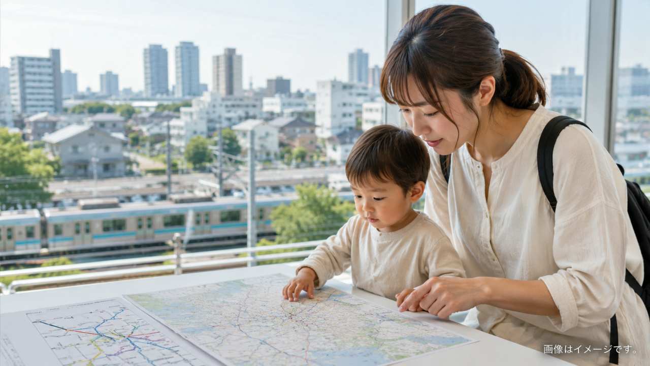 さいたま市内の地図を見ながら送迎しやすい一時保育施設を選ぶ様子