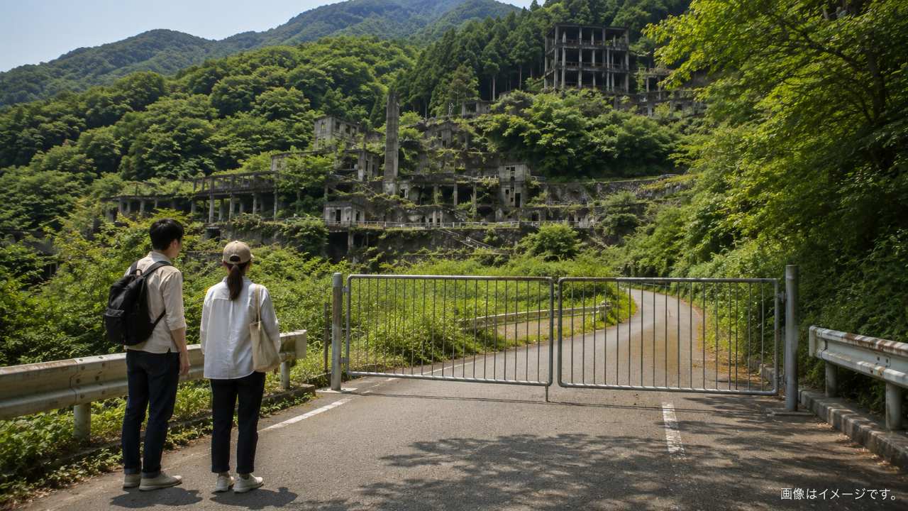 秩父の山あいに残る鉱山町跡と古い構造物を遠景で望む風景