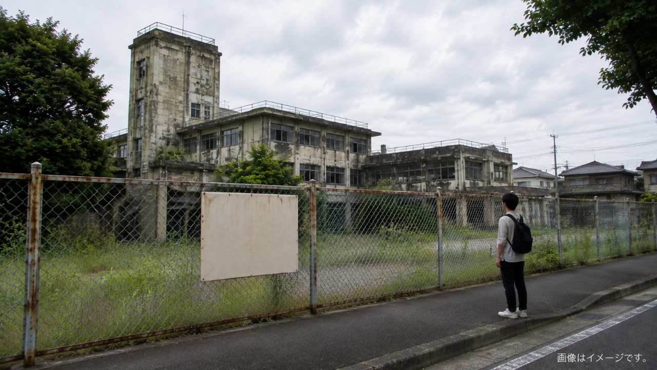 立入禁止の柵がある古いホテル風建物を公道側から確認する様子