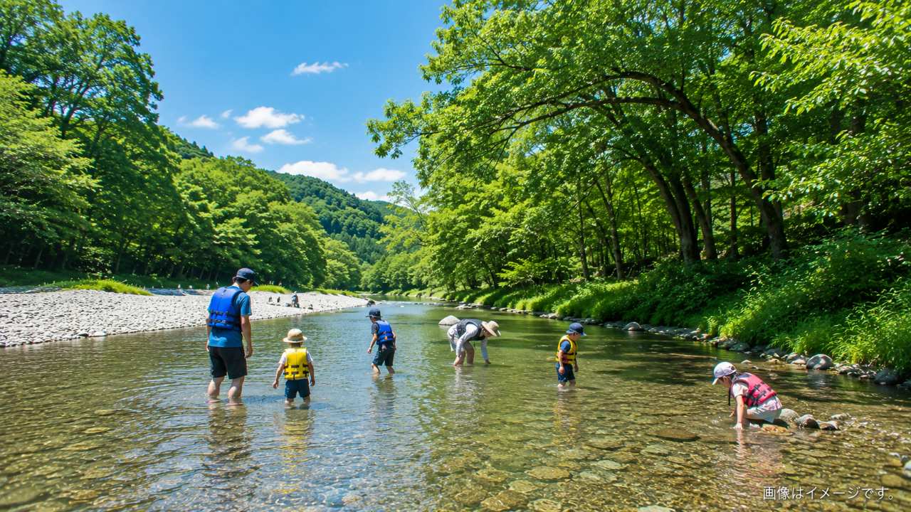 埼玉県の緑豊かな清流と浅瀬で川遊びを楽しむ家族
