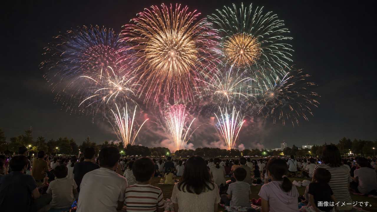 荒川河川敷の夜空に広がる大輪の花火と、手前に駐車車両やレインコート姿の観覧客が見えるこうのす花火大会の情景